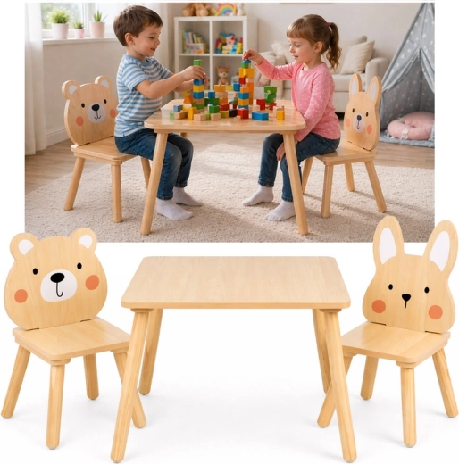 Mesa infantil de madera con dos sillas osito y conejito
