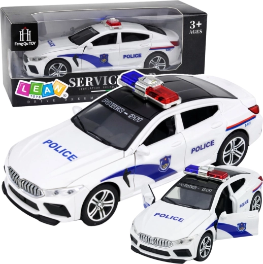 Coche de policía con luces y sonidos, puertas que se abren, blanco