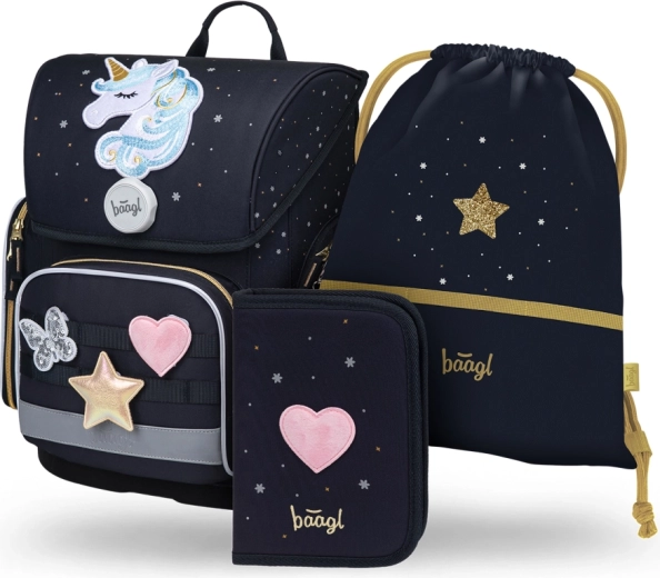 Set escolar BAAGL Ergo Unicorn Gold – mochila rígida, estuche y bolsa