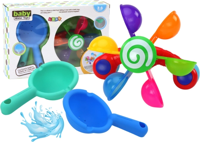 Juguete giratorio de baño con cuencos de colores y dos cucharas