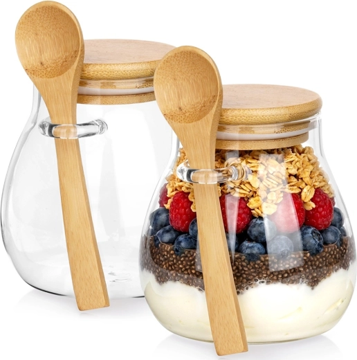 Vasitos de vidrio para yogur y postres con tapa de bambú y cuchara, 440 ml, 2 uds.