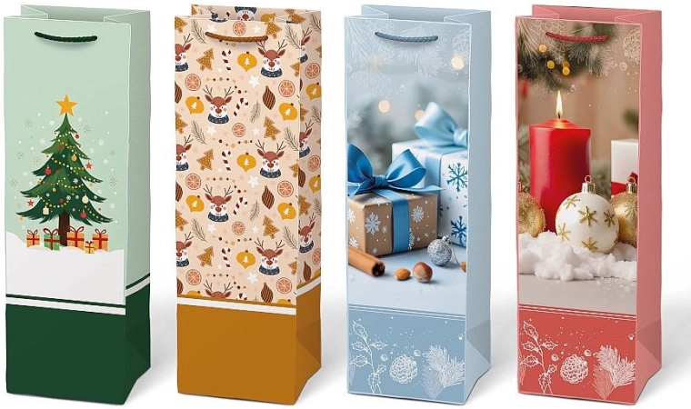 Bolsa de regalo de papel navideña para botella con estampado - 1 unidad