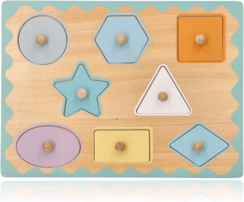 Puzzle encajable de madera con pomos – formas