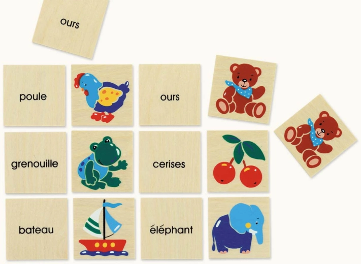 Juego de memoria de madera con imágenes y palabras en alemán