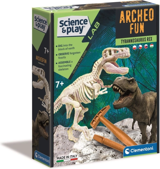 Clementoni Science & Play Archeo Fun: Tyrannosaurus rex – set arqueológico con esqueleto luminoso