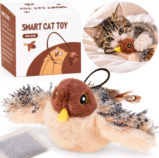Gorrión de peluche interactivo para gatos con aleteo y gorjeo