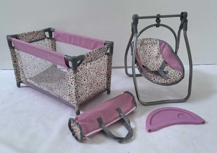 Set para muñecas Pink Flowers – cuna de viaje y sillita 2 en 1 (balancín)