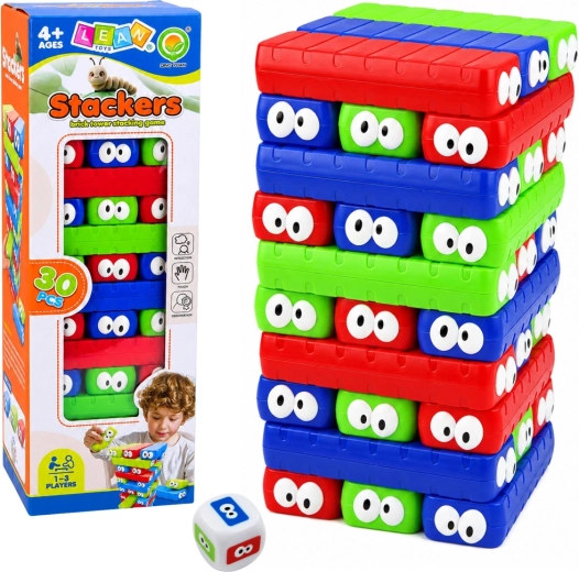 Juego familiar de destreza Stackers – torre de dados de colores con ojos (30 uds.)