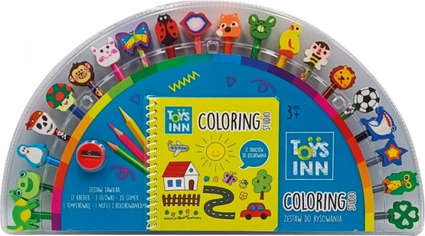 Lápices de colores con gomas y libro para colorear