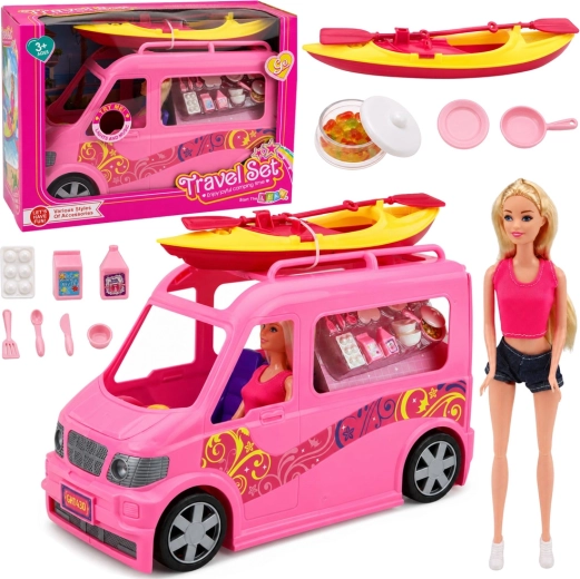 Muñeca viajera con autocaravana de camping, kayak y accesorios con luces y sonidos