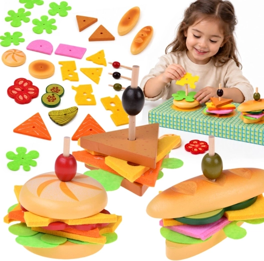 Set de madera y fieltro para preparar sándwiches 3D, 27 piezas