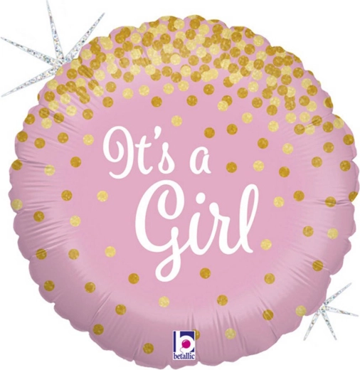 Globo de aluminio Grabo «¡Es una niña!» rosa 46 cm con confeti dorado brillante - 1 unidad