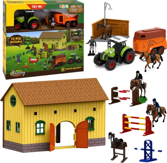 Establo para caballos con tractor, remolque y pista de obstáculos, 72 piezas con LED