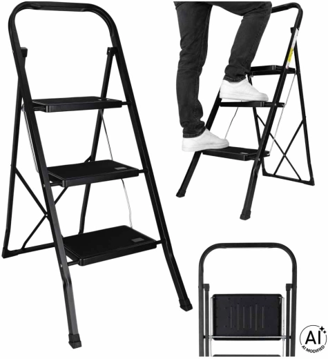 Escalera de acero plegable con 3 peldaños y acabado antideslizante