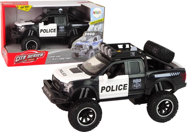 Vehículo todoterreno policial Raptor con luces y sonidos, puertas abatibles, escala 1:14