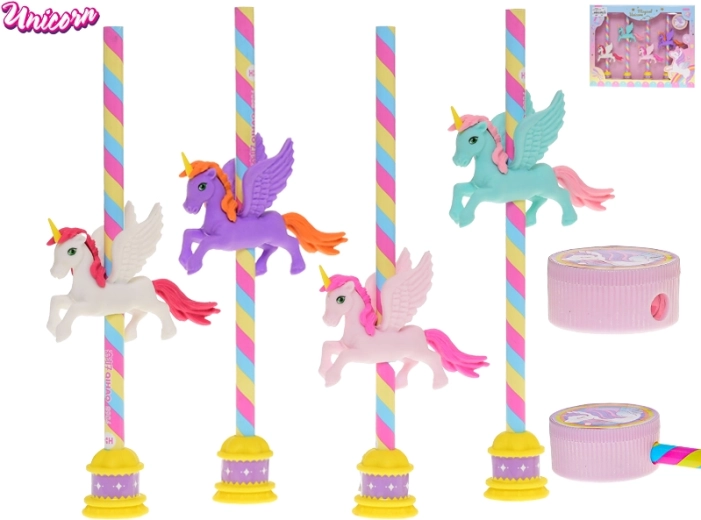 Set de lápices Unicornio con goma y sacapuntas, 4 uds
