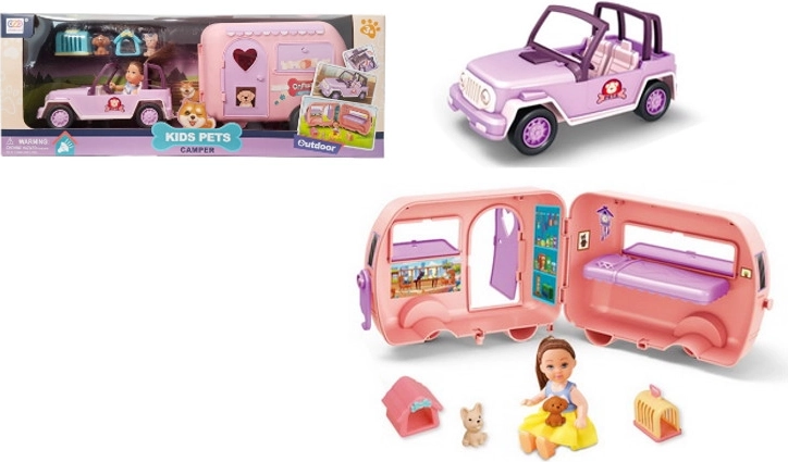 Coche con caravana, muñeca y accesorios
