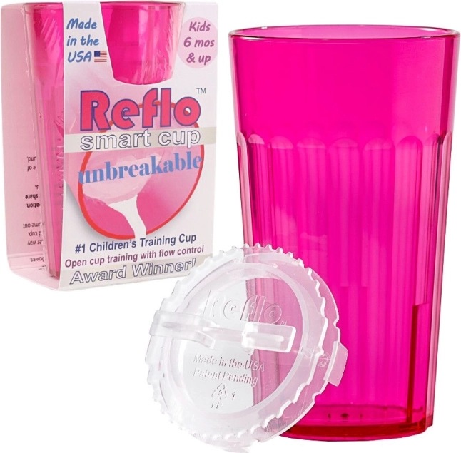 Reflo vaso de entrenamiento irrompible para niños con regulación de flujo, rosa