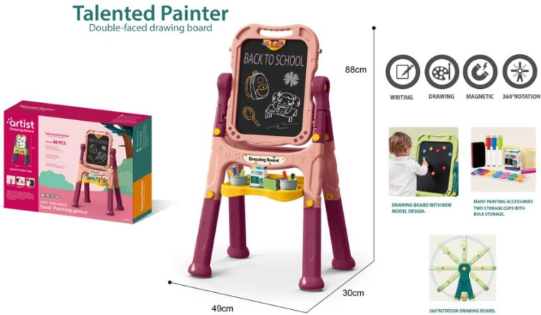 Pizarra artística infantil 48 piezas – rosa, de doble cara con tiza y magnética