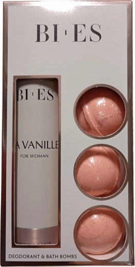 Set de regalo BI-ES La Vanille para mujeres – 3× bomba efervescente de baño + desodorante en spray