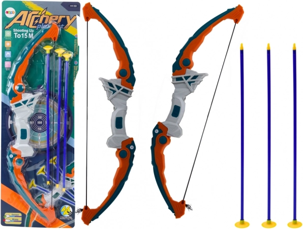 Arco infantil con flechas de ventosa verde‑naranja, 3 uds