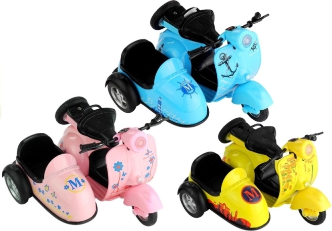 Modelo metálico de scooter con sidecar 1:14 con luz y sonido, 3 colores