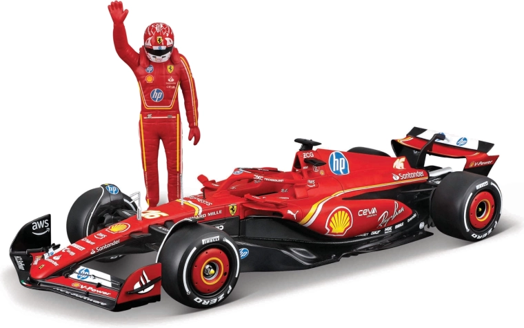 Modelo F1 Bburago Ferrari SF-24 (2024) con figura del piloto Charles Leclerc 1:24
