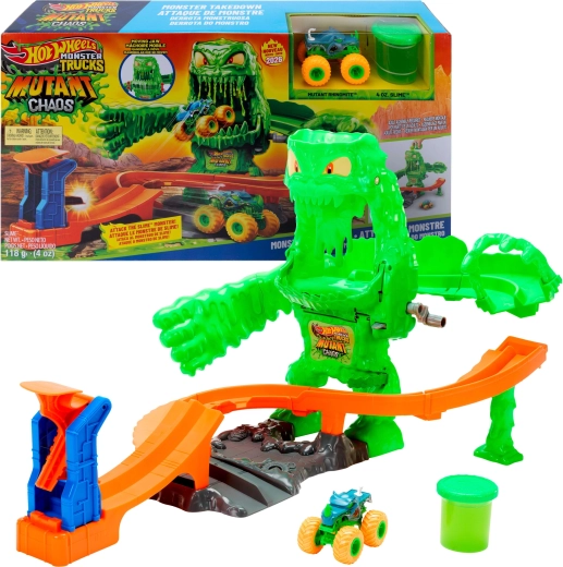 Hot Wheels Monster Trucks pista con slime: duelo con un monstruo mutante + cochecito