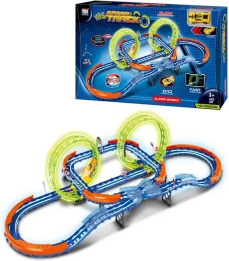 Pista de coches luminosa en la oscuridad con cruce y loopings, con coche LED