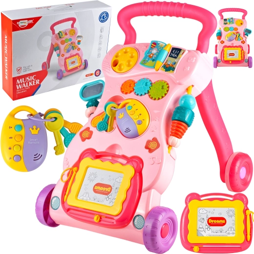 Andador con pizarra y llaves rosa