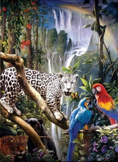 Pintura con diamantes – loros y pantera 30 × 40 cm