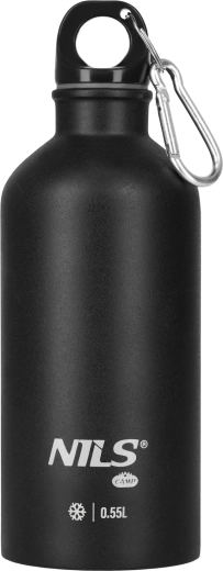 Botella turística de acero inoxidable NILS 0,55 l negra con mosquetón
