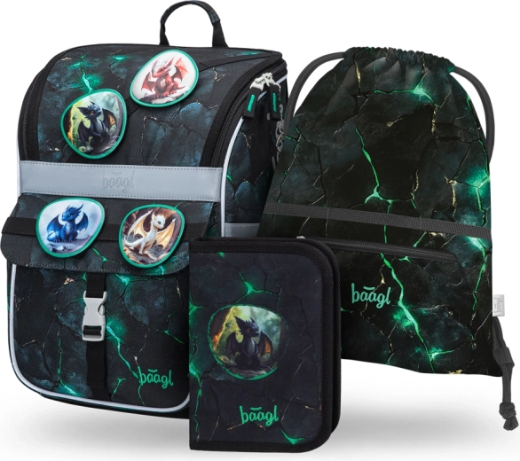 conjunto escolar BAAGL Zippy dragones – cartera, estuche y bolsa para educación física