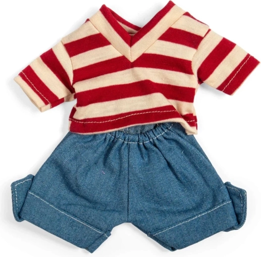 Bigjigs Toys pantalones cortos vaqueros y camiseta a rayas roja y blanca para muñeca de 28 cm