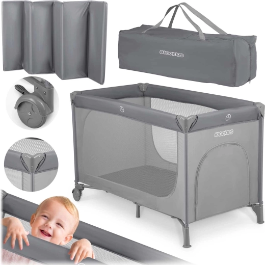 Cuna de viaje gris con colchón y bolsa de transporte 125 × 65 × 78 cm