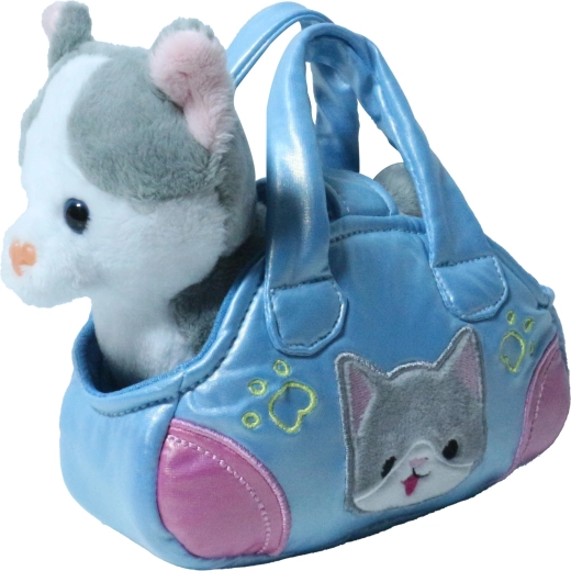 Gato de peluche gris y blanco en bolso de 17 cm