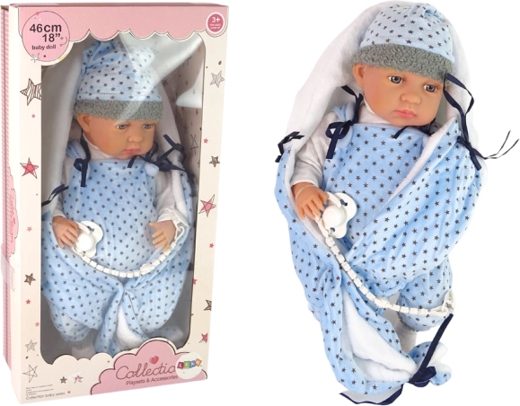 Muñeca bebé realista 46 cm con manta azul y chupete