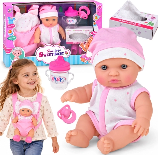 Muñeca bebé de 20 cm en portabebés con chupete, biberón y accesorios