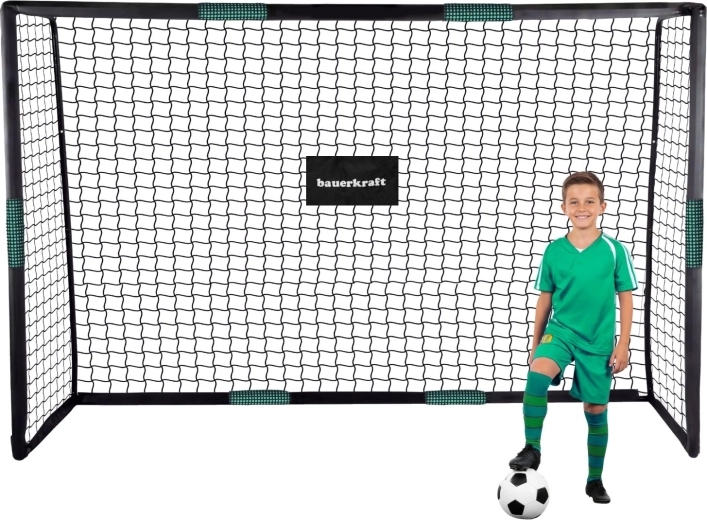Portería de fútbol Bauerkraft 300 × 200 × 120 cm con red de entrenamiento negro-verde
