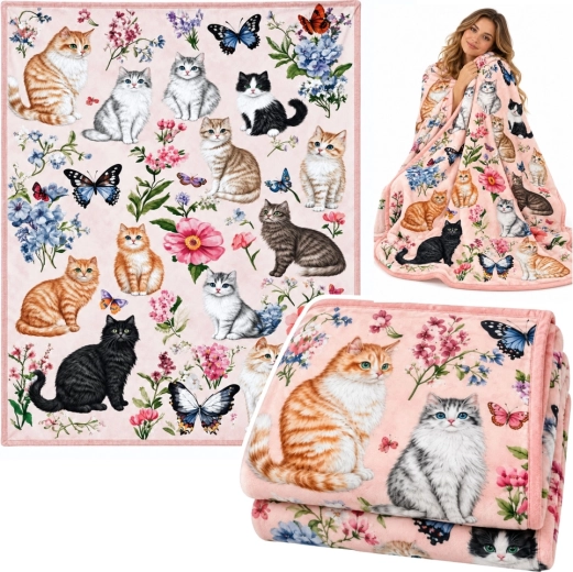 Manta decorativa suave con gatos, flores y mariposas, 150 × 200 cm