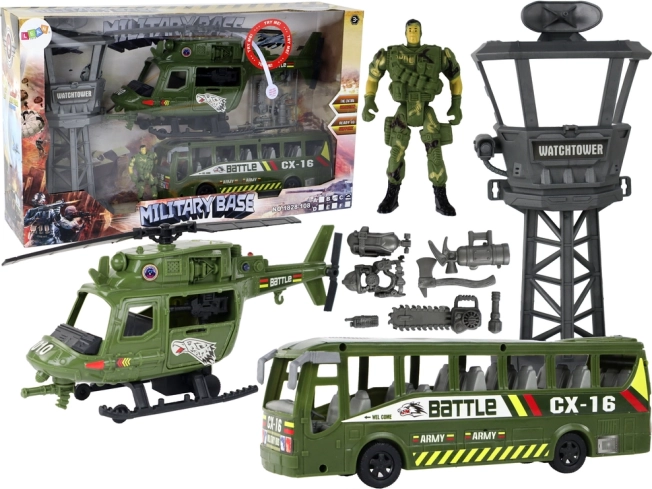 Set militar con helicóptero, vehículo de combate, torre de control y figura de soldado