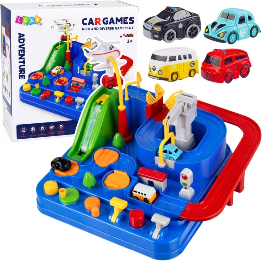 Pista de coches interactiva con obstáculos y aparcamiento, 4 coches y helicóptero – azul