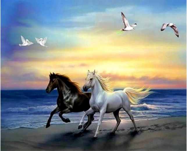 Pintura de diamantes – dos caballos blanco y negro 30 × 30 cm - 1 pieza