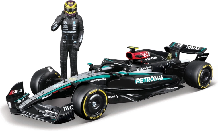 Modelo Bburago F1 Mercedes-AMG Petronas W15 2024 Lewis Hamilton 1:24 con figura del piloto