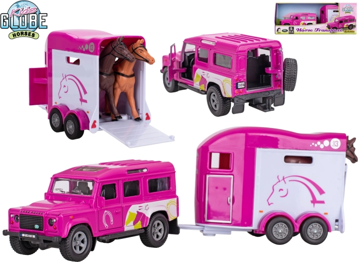 Kids Globe Land Rover con remolque para caballos – modelo de metal rosa con retroceso