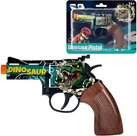 Revólver metálico de cápsulas con motivo de dinosaurio
