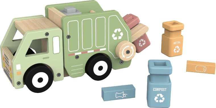 2Kids Toys camión de basura de madera para reciclaje con contenedores