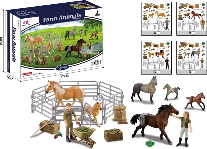 Animalitos de granja – set con caballos y corral, 4 tipos