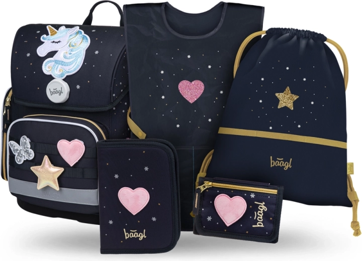 Baagl set escolar 5 uds Ergo Unicorn Gold – cartera, estuche, bolsa, delantal y monedero