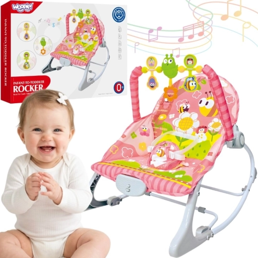 Woopie Baby mecedora vibratoria rosa para bebé con barra de juguetes